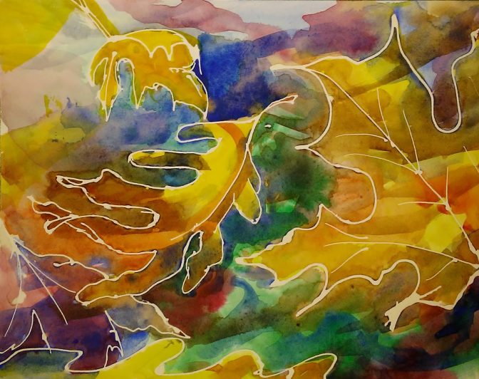 Colorful abstract oak leaves with white outlines.