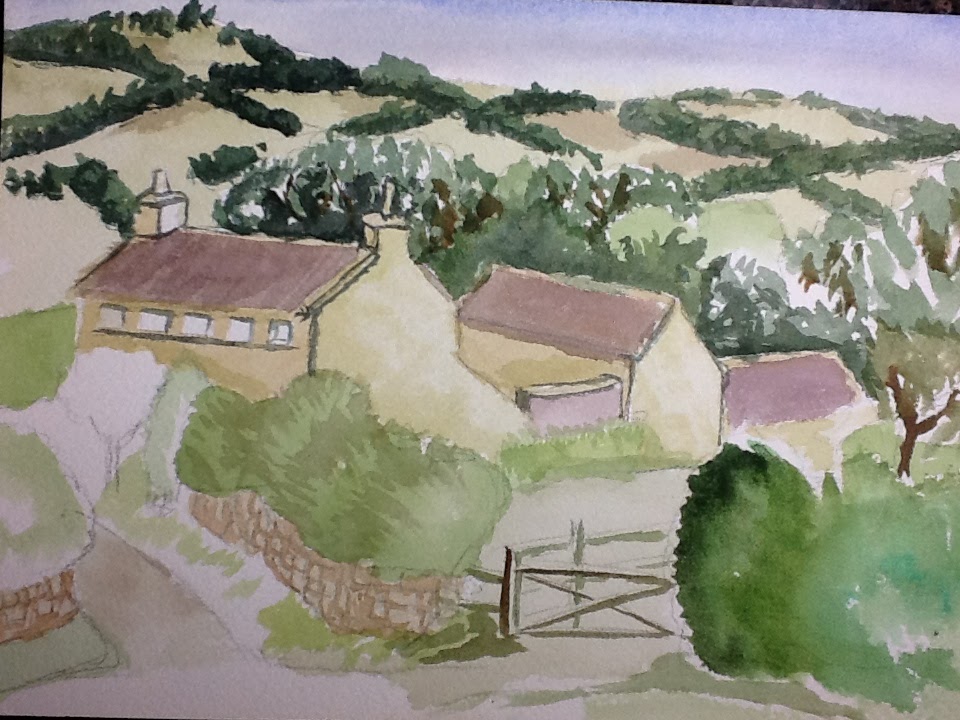 watercolor sketch of hills and buildings and a fence