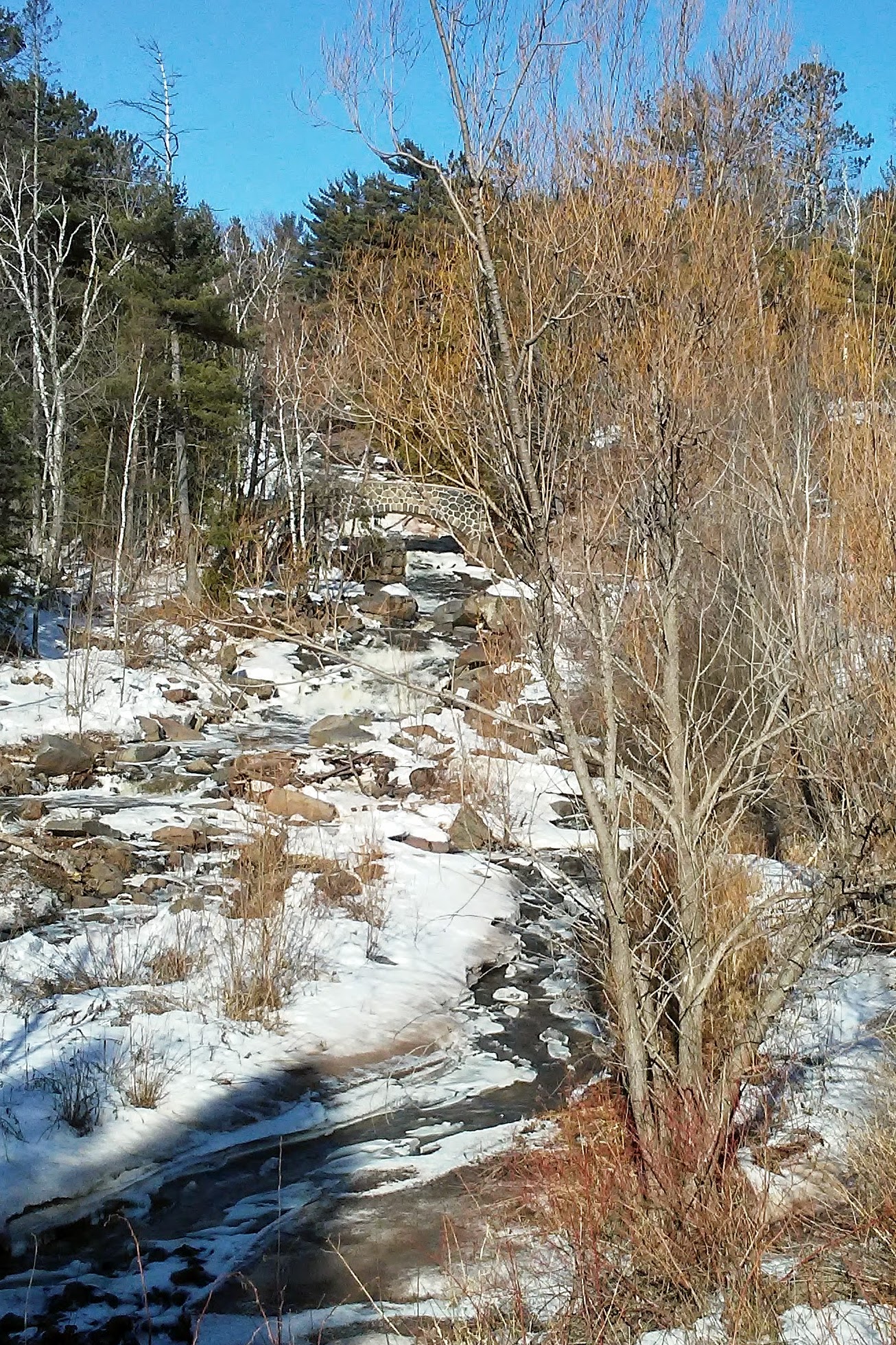 Stone bridge, rocks, water, winter, tree in foreground.