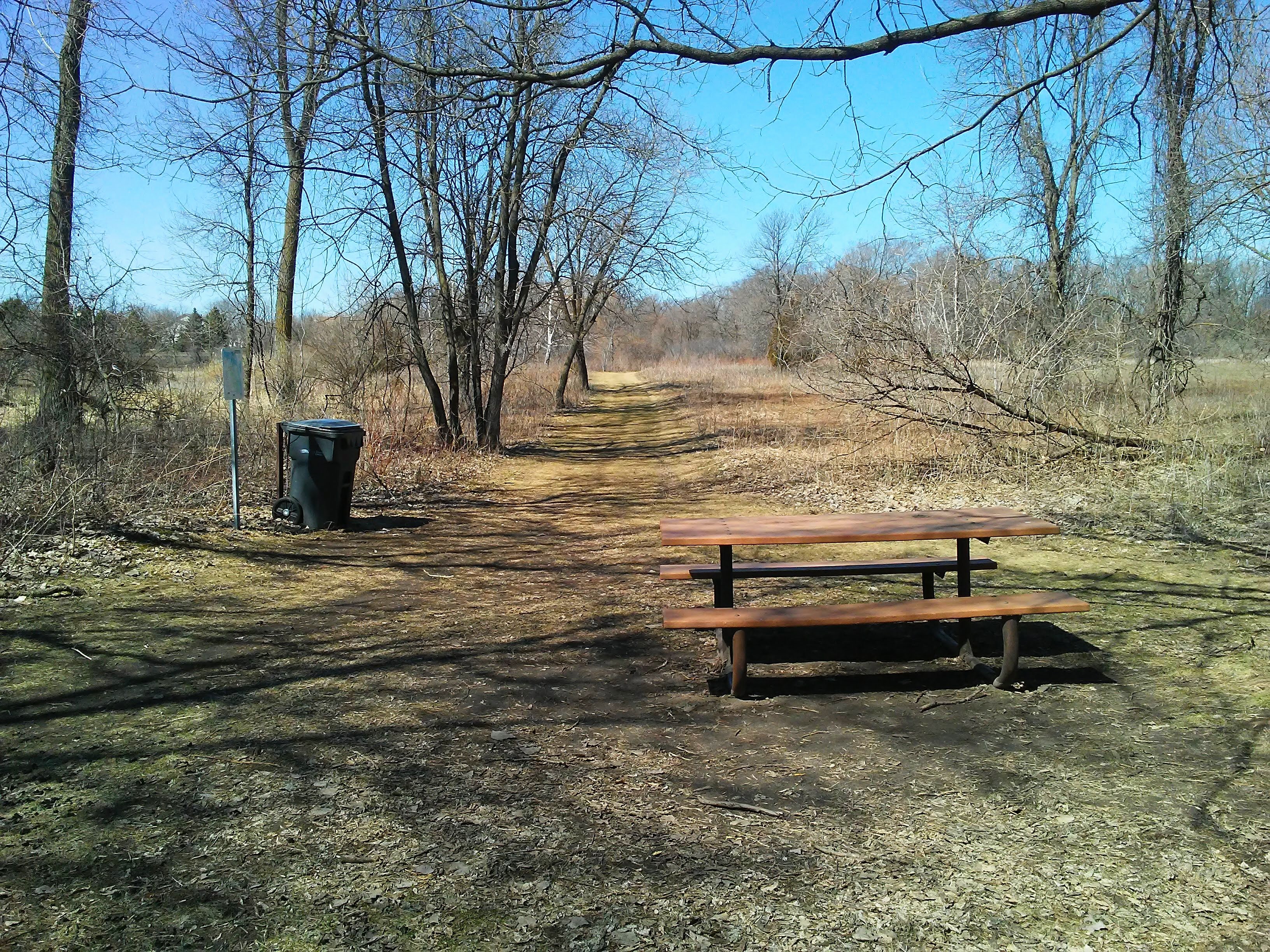 picnic table, garbage can, and trees