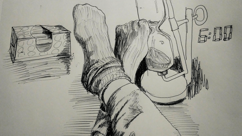 black line drawing of feet in socks, an hourglass, digital clock numbers and a tissue box.