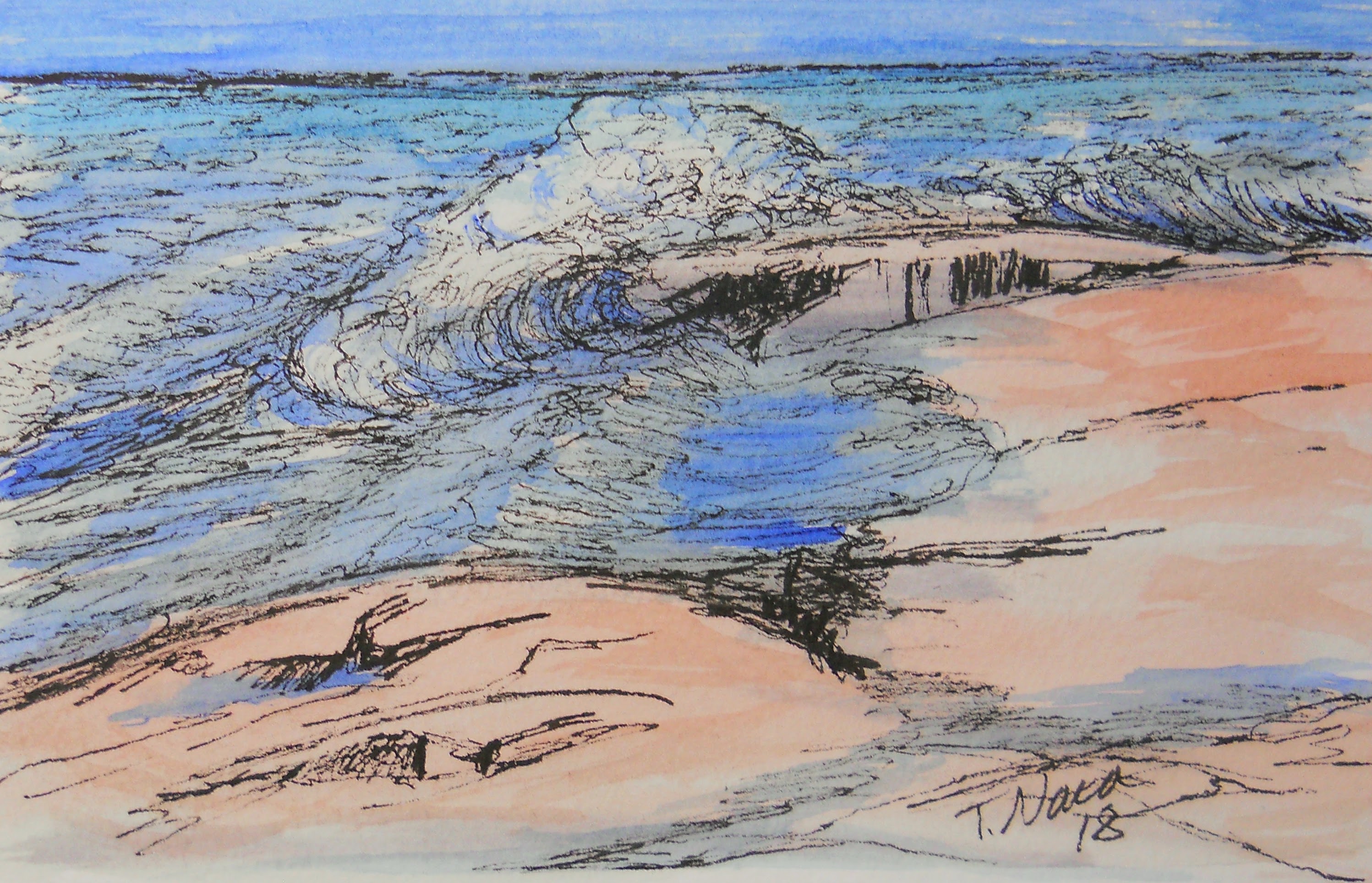 Ink drawing with watercolor wash of waves and rocks.