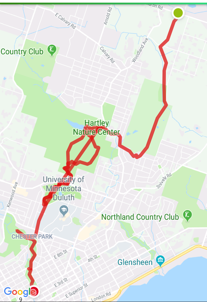 map of a hike from Martin Road to E 4th St in Duluth, Minnesota