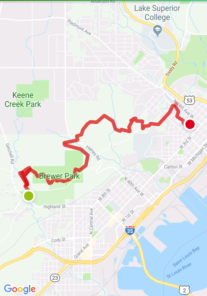 Map that includes Lake Superior College and Keene Creek Park