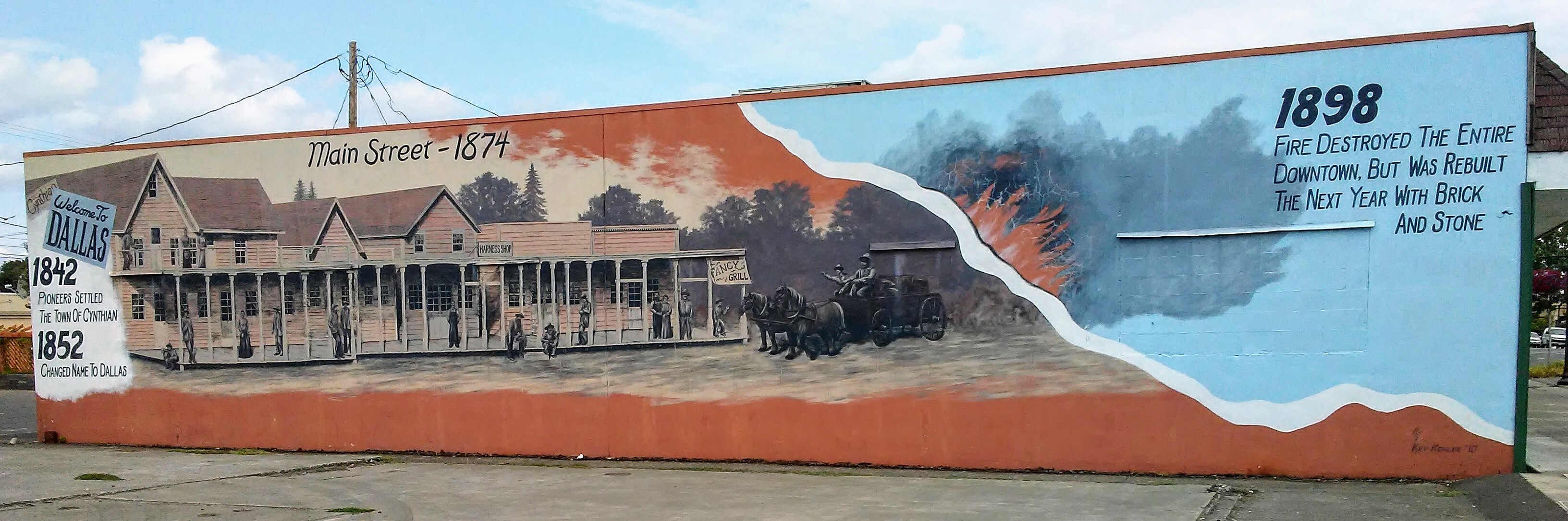 mural depicting the fire of 1898 in Dallas, Oregon