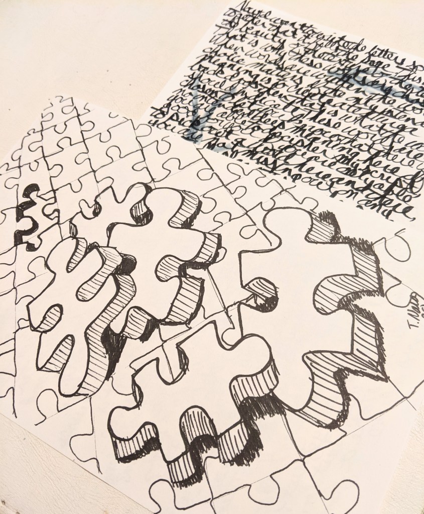 drawing of puzzle pieces and meaningless text