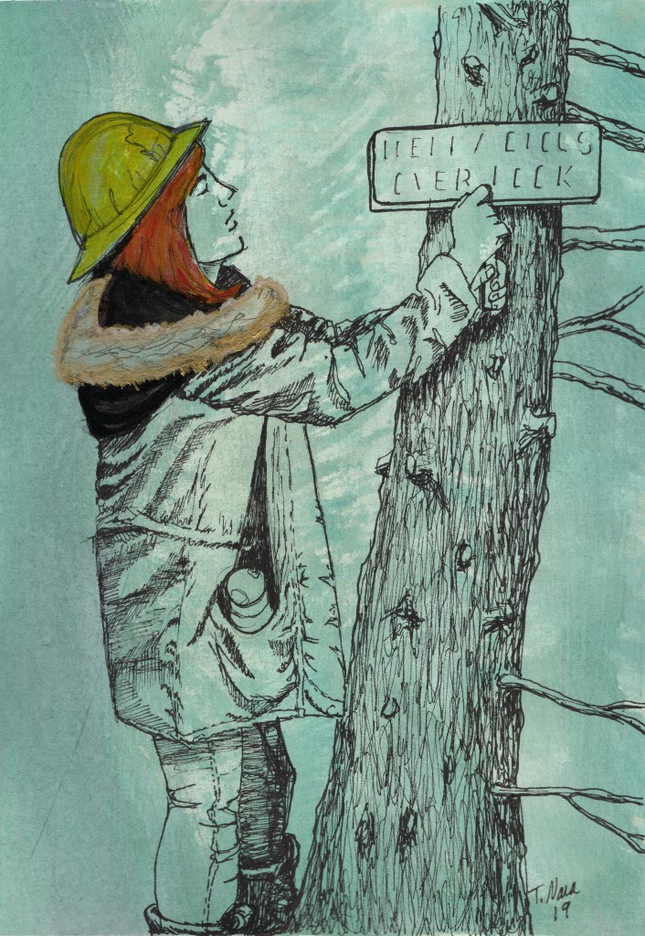 ink drawing of a red haired woman in a yellow construction hat putting a sign on a tree