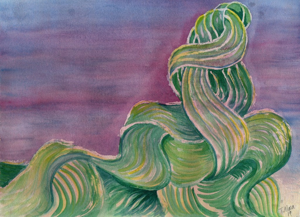 green braids coming undone in front of a purple background