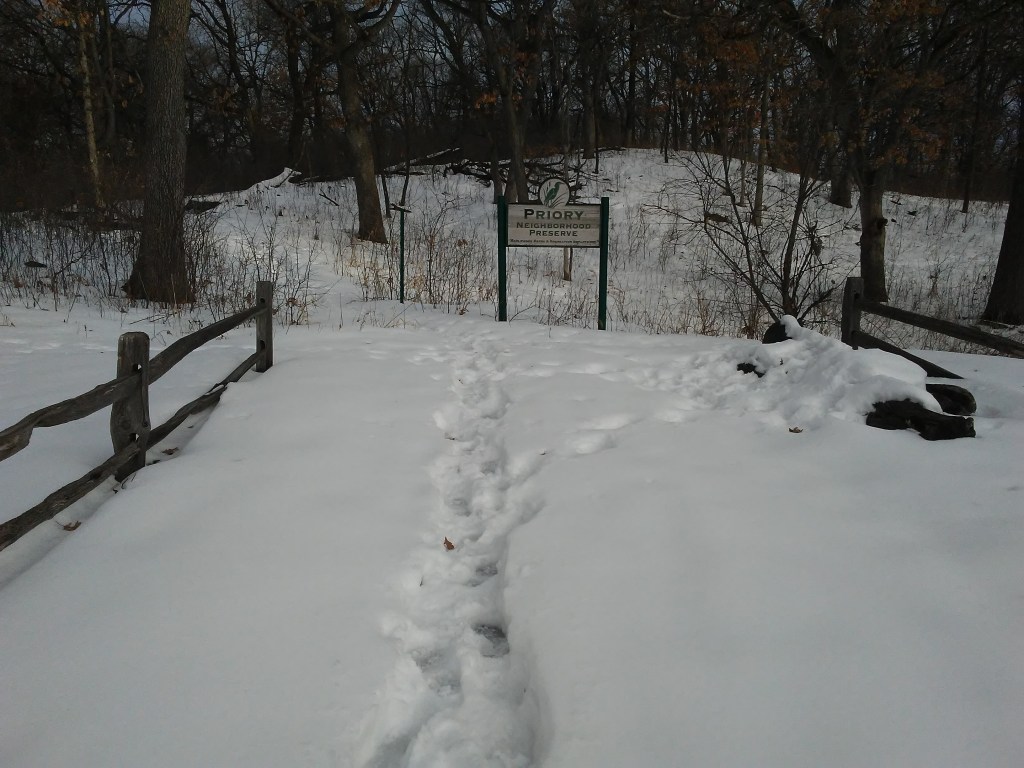 Entrance to St. Paul Priory Neighborhood Preserve from Montana avenue.