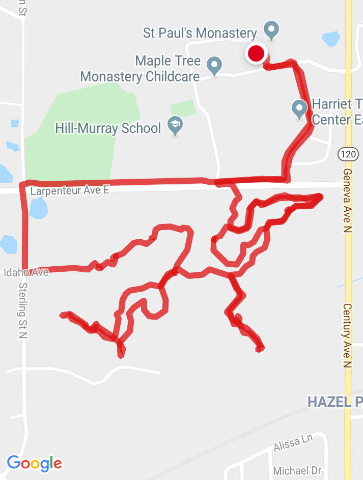 screenshot of gps track of walk through St. Paul Priory Neighborhood Preserve