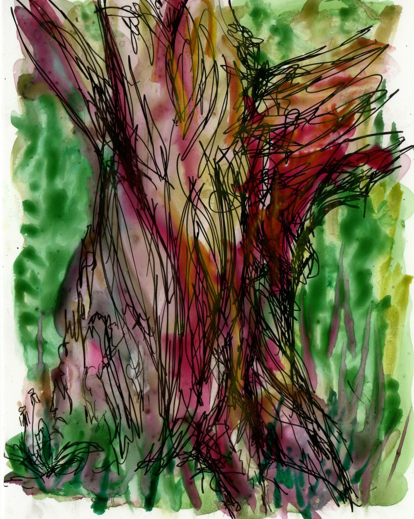 drawing of red tree trunk with green background