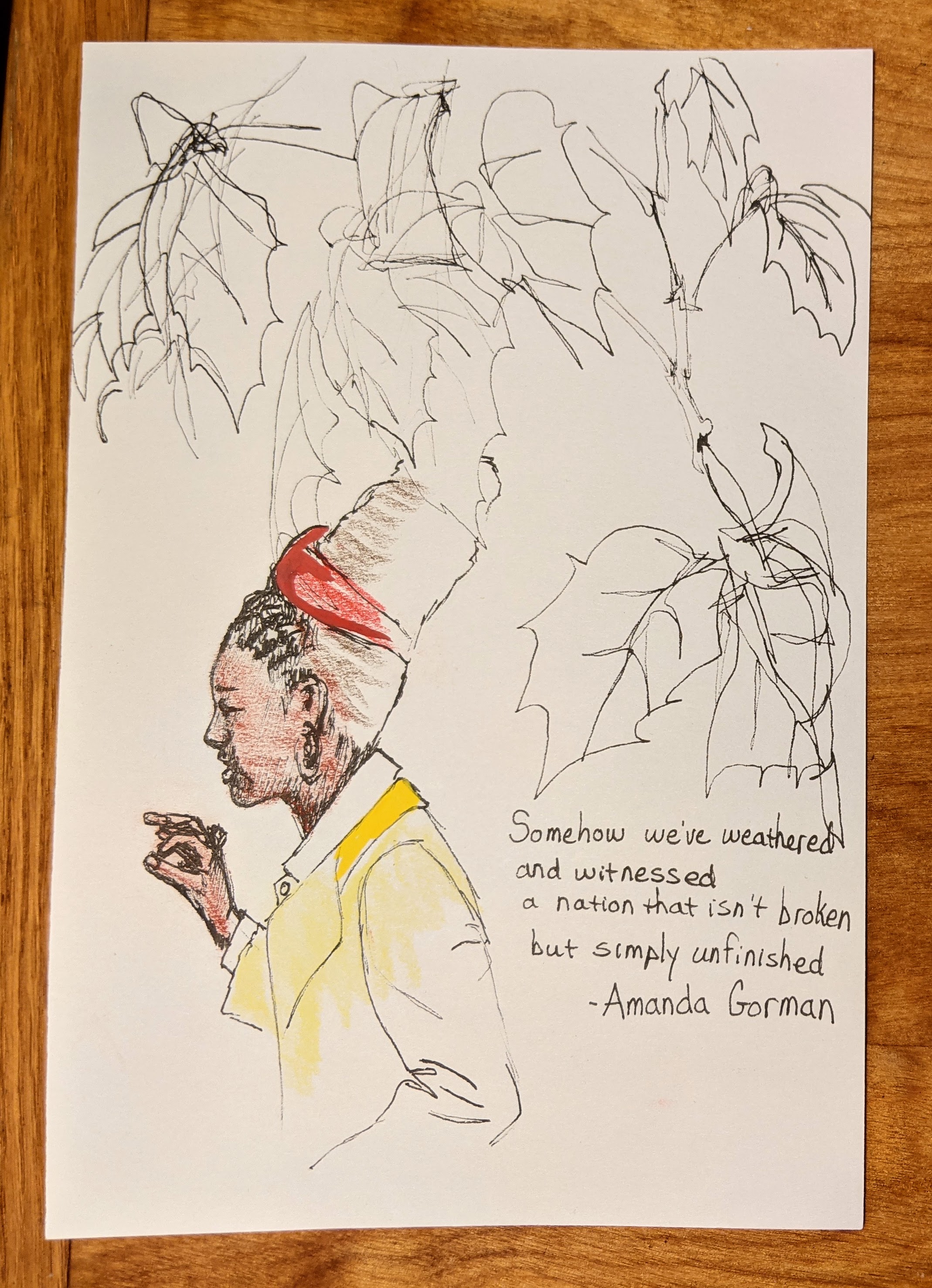 sketch of leaves and Amanda Gorman the inauguration poet.