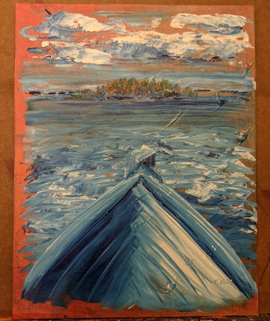 painting of the front of a boat pointed toward shore