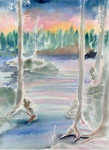 painting of abstract trees and water