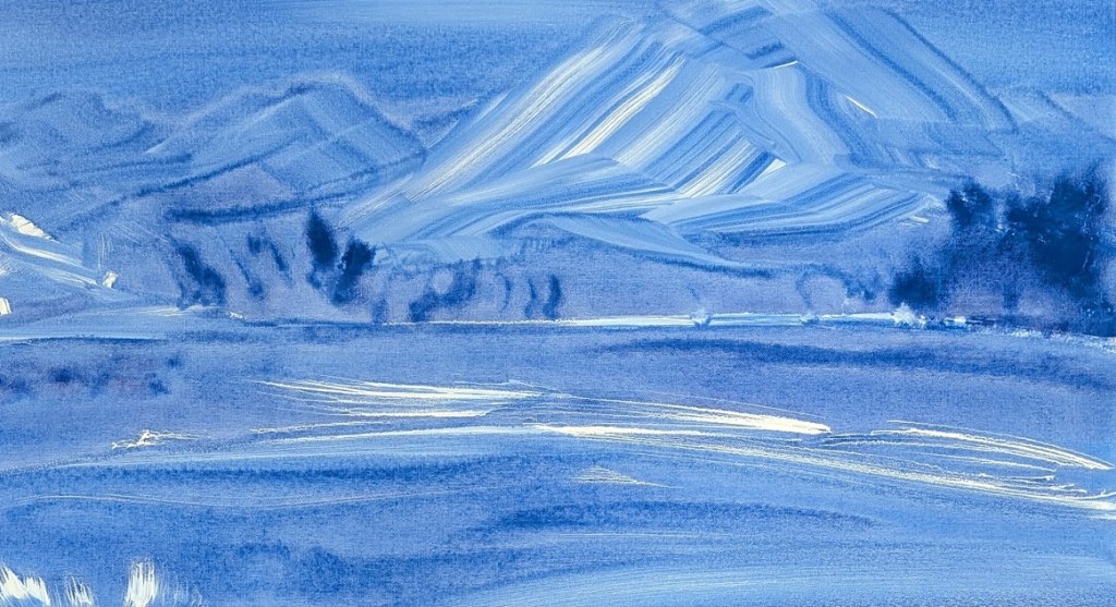 blue painting of mountain and snow