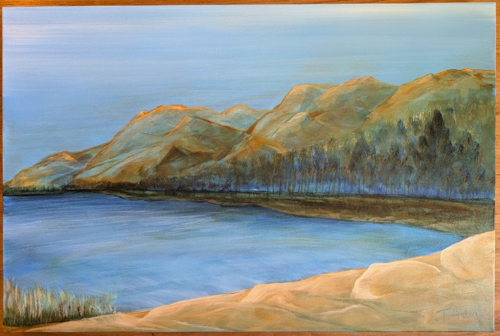 painting of sky, mountains, water, rock edge