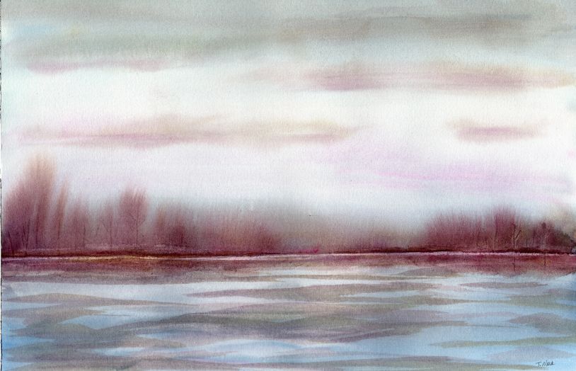 watercolor of a lake and distant trees in reds and browns