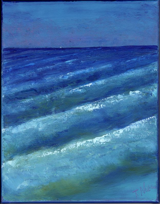 painting of waves in diagonal pattern with a white dot in the distance