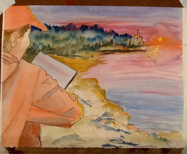 painting of a person painting Split Rock Lighthouse